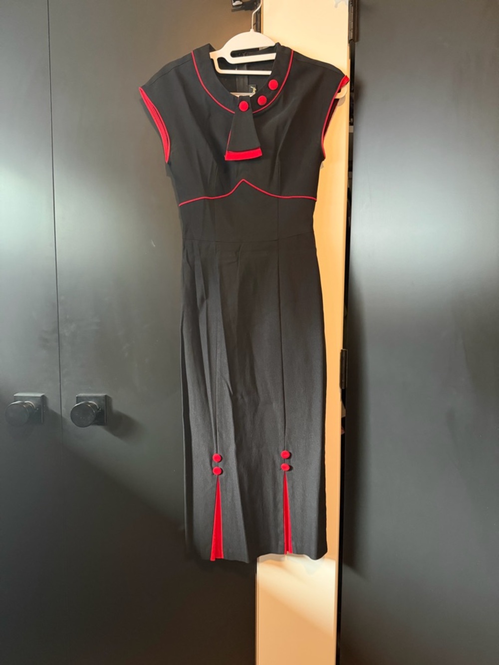 Stop Staring Black Midi Dress with Red Trim